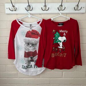Girls Christmas Shirts | 2pack | Snoopy & Cats | Small 6/6X